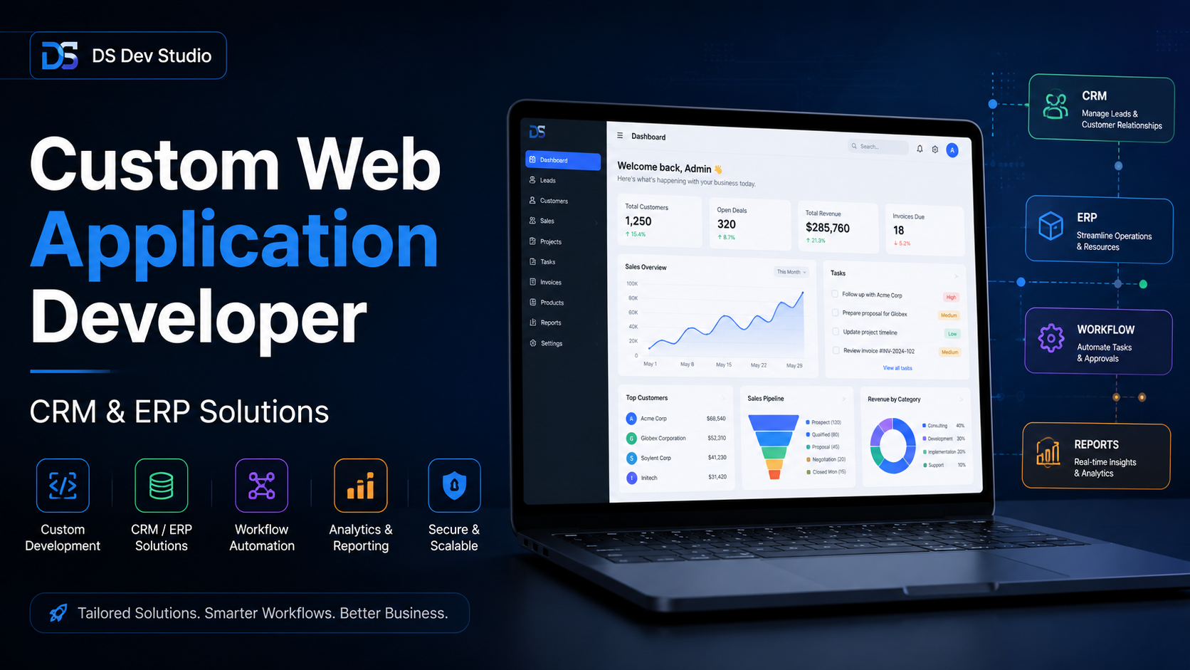 Custom Web Application Developer building CRM ERP and admin panel dashboard
