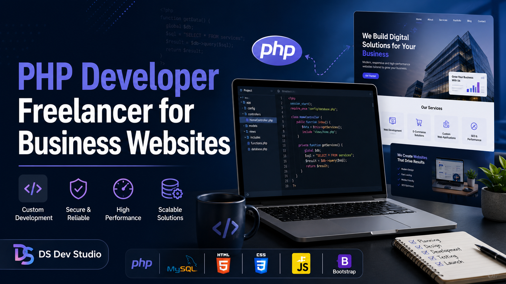 PHP Developer Freelancer building backend business website with MySQL database